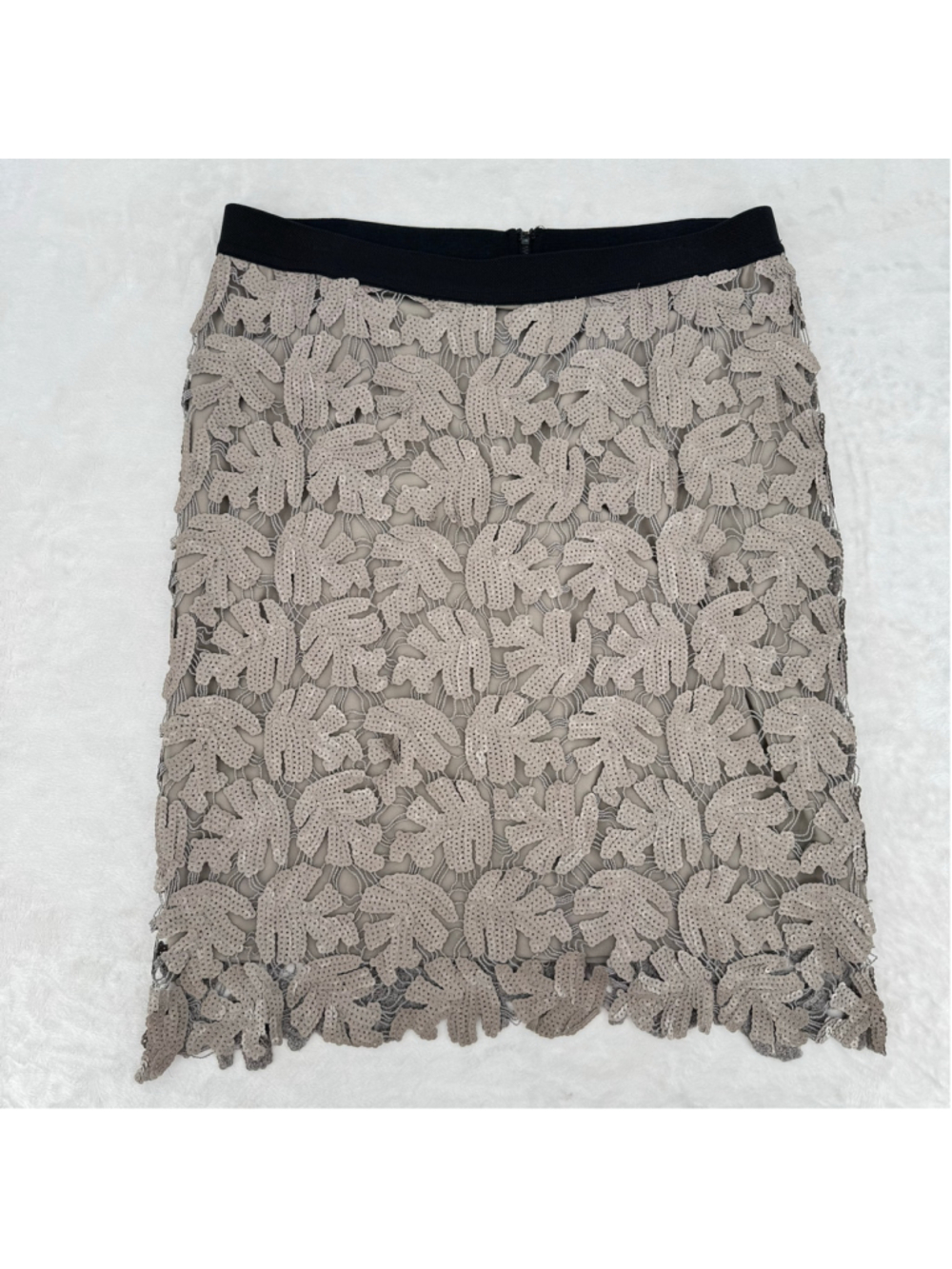 BCBGMaxazria Sequined Mini Skirt Taupe Leaves Special Occasion Chic Designer L